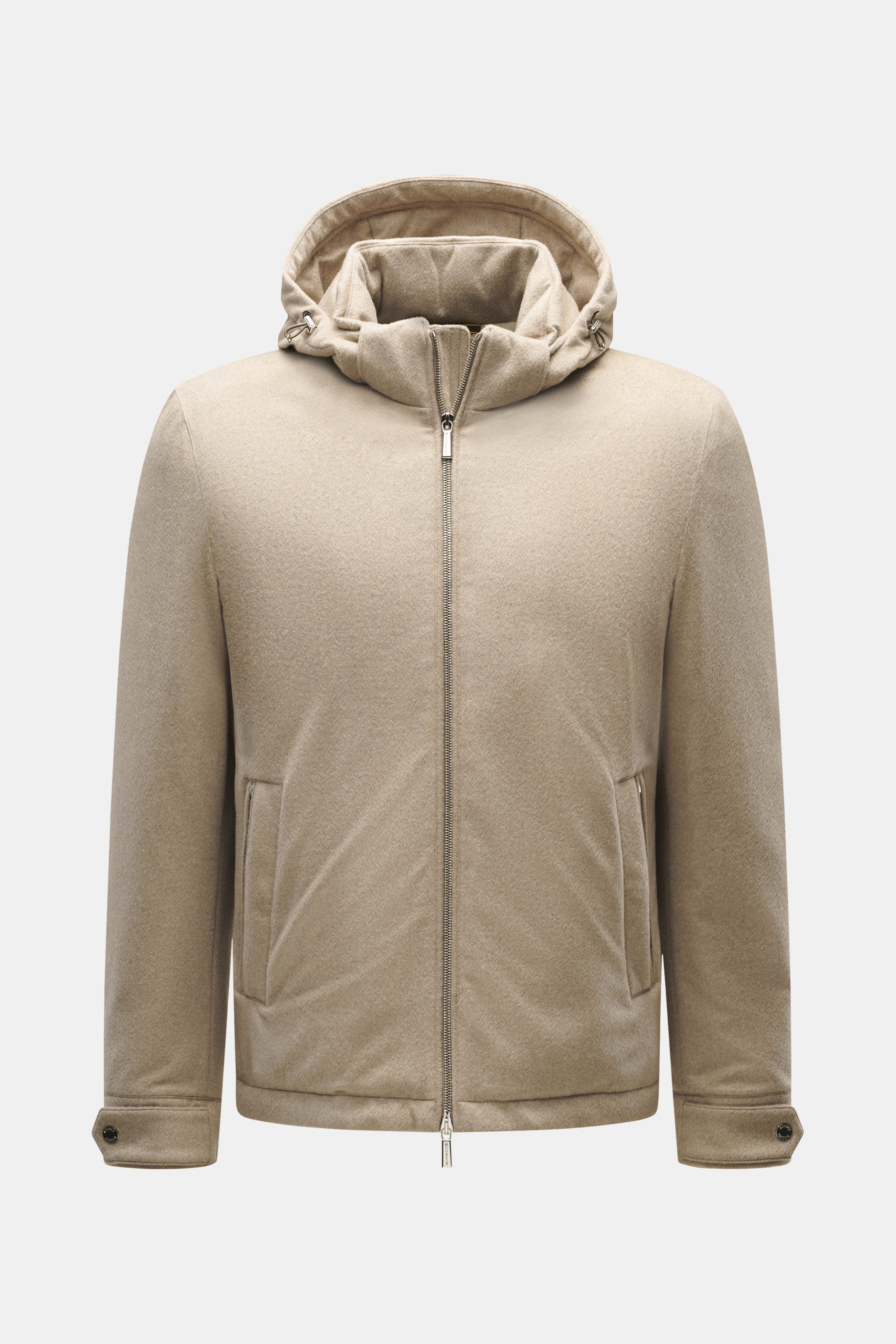 Front view of Moorer Daunenjacke 'Albini' navy, a short-cut, water-repellent down jacket with removable hood, slim fit, soft viscose-microfiber mix.