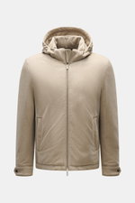 Front view of Moorer Daunenjacke 'Albini' navy, a short-cut, water-repellent down jacket with removable hood, slim fit, soft viscose-microfiber mix.