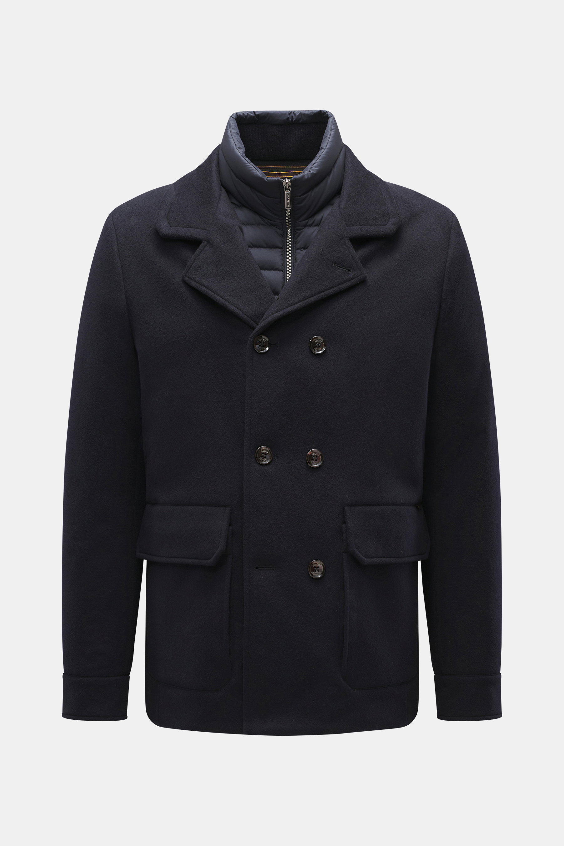 Moorer Cashmere Cabanjacke 'Bas' dunkelbraun, frontale Nahaufnahme, Slim Fit mit wärmender Daunenfüllung, zwei-reihig, variabler Kragen, aufgesetzte Taschen, robuster Reißverschluss.