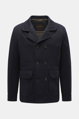 Moorer Cashmere Cabanjacke 'Bas' dunkelbraun, frontale Nahaufnahme, Slim Fit, wärmende Daunenfüllung, zwei Hüfttaschen, zweireihig, variabler Kragen.