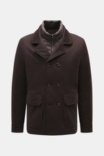 Moorer Cashmere Cabanjacke 'Bas' dunkelbraun frontal fotografiert, Slim Fit, reiner Cashmere, Daunenfüllung, zwei Hüfttaschen, variabler Kragen, robuster Reißverschluss.