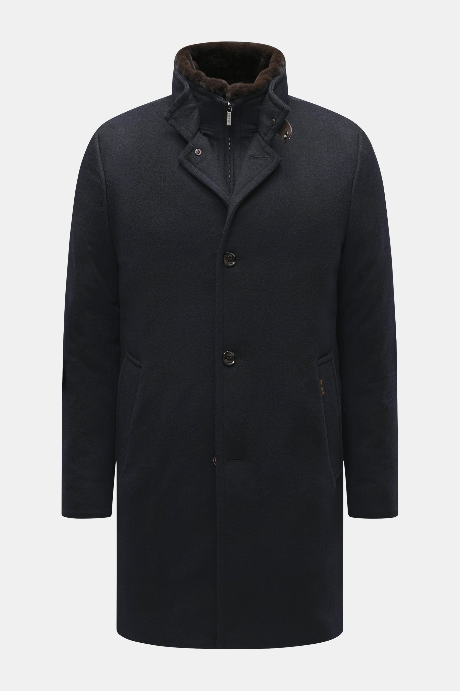 Front view of Moorer Daunenparka "Vannes" dark navy, featuring high-quality microfiber outer fabric, smooth feel, water-repellent, warm down filling, removable double front, collar with detachable lambswool trim, slim fit, wind flap with concealed four-bu