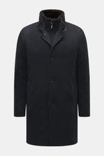 Front view of Moorer Daunenparka "Vannes" dark navy, featuring high-quality microfiber outer fabric, smooth feel, water-repellent, warm down filling, removable double front, collar with detachable lambswool trim, slim fit, wind flap with concealed four-bu