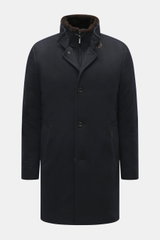 Front view of Moorer Daunenparka "Vannes" dark navy, featuring high-quality microfiber outer fabric, smooth feel, water-repellent, warm down filling, removable double front, collar with detachable lambswool trim, slim fit, wind flap with concealed four-bu