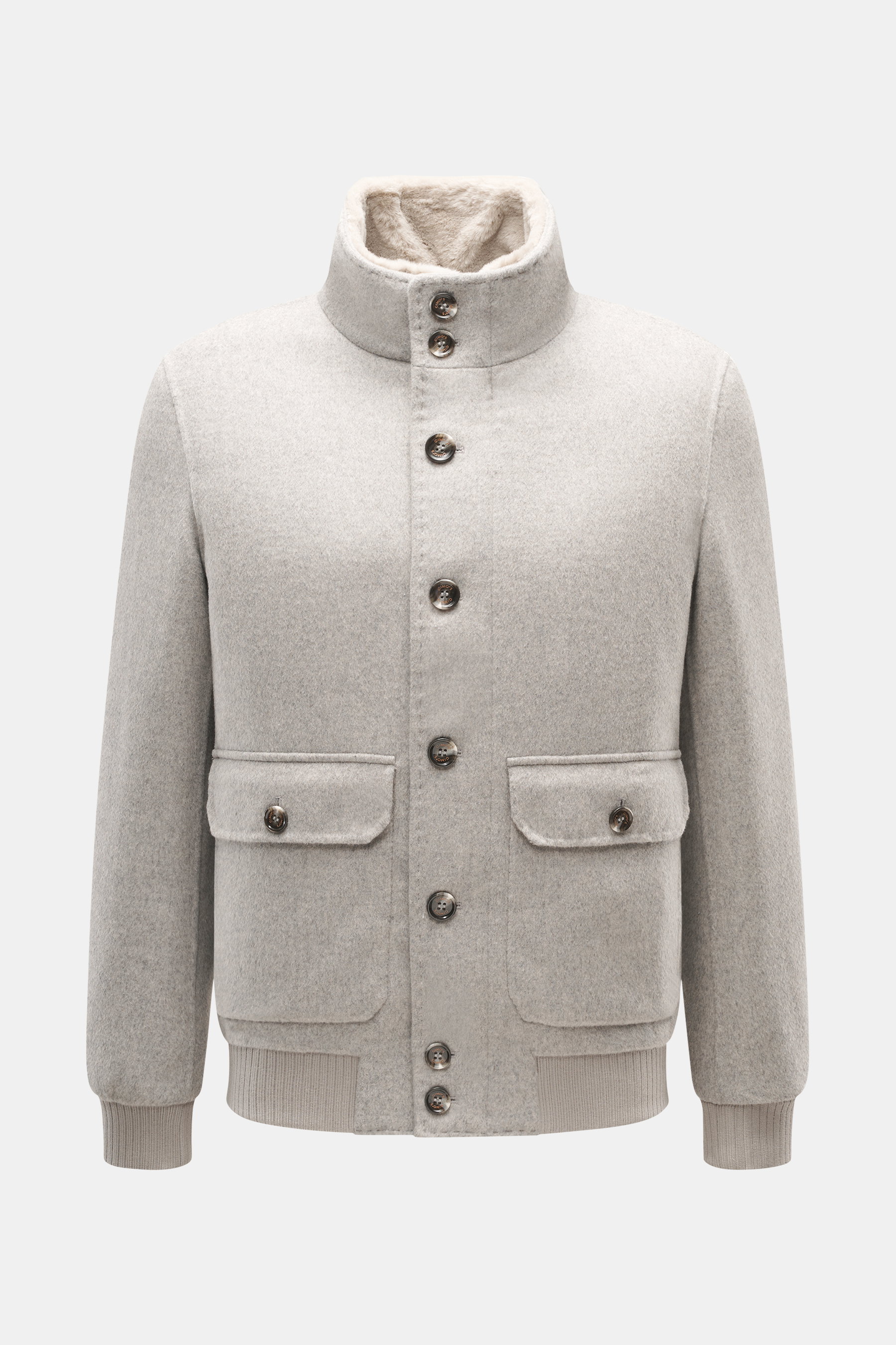 Gimo's Blouson grau meliert, Frontansicht, Stehkragen mit abnehmbarem Lammfell, Schurwollmix, Slim Fit, Fronttaschen, Rippbündchen, Metallknöpfe.
