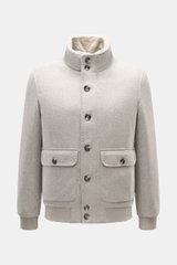 Gimo's Blouson grau meliert, Frontansicht, Stehkragen mit abnehmbarem Lammfell, Schurwollmix, Slim Fit, Fronttaschen, Rippbündchen, Metallknöpfe.