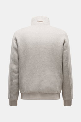 Gimo's Blouson grau meliert, Rückansicht, Stehkragen mit Lammfellbesatz, Slim Fit, Schurwollmix, flexible Rippbündchen, wärmender Herbststyle.