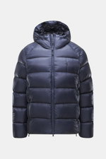 Front view of Polo Ralph Lauren Down Jacket Navy, ripstop microfiber, smooth feel, warm down filling, regular fit, collar-high zipper, hood with drawstring, zippered front pockets, elastic sleeve cuffs, tonal logo stitching, adjustable hem, tonal lining f