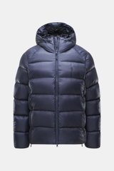 Front view of Polo Ralph Lauren Down Jacket Navy, ripstop microfiber, smooth feel, warm down filling, regular fit, collar-high zipper, hood with drawstring, zippered front pockets, elastic sleeve cuffs, tonal logo stitching, adjustable hem, tonal lining f
