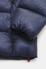 Close-up front view of Polo Ralph Lauren Down Jacket Navy sleeve and side showing ripstop microfiber, smooth feel, warm down filling, Regular Fit, collar-high zipper, hood with drawstring, zippered front pockets, elastic sleeve cuffs, tonal logo stitching
