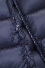 Close-up front view of Polo Ralph Lauren Down Jacket Navy, showing ripstop microfiber fabric, smooth feel, warm down filling, collar-high zipper, hood with drawstring, zippered front pockets, elastic sleeve cuffs, tonal logo stitching, adjustable hem widt