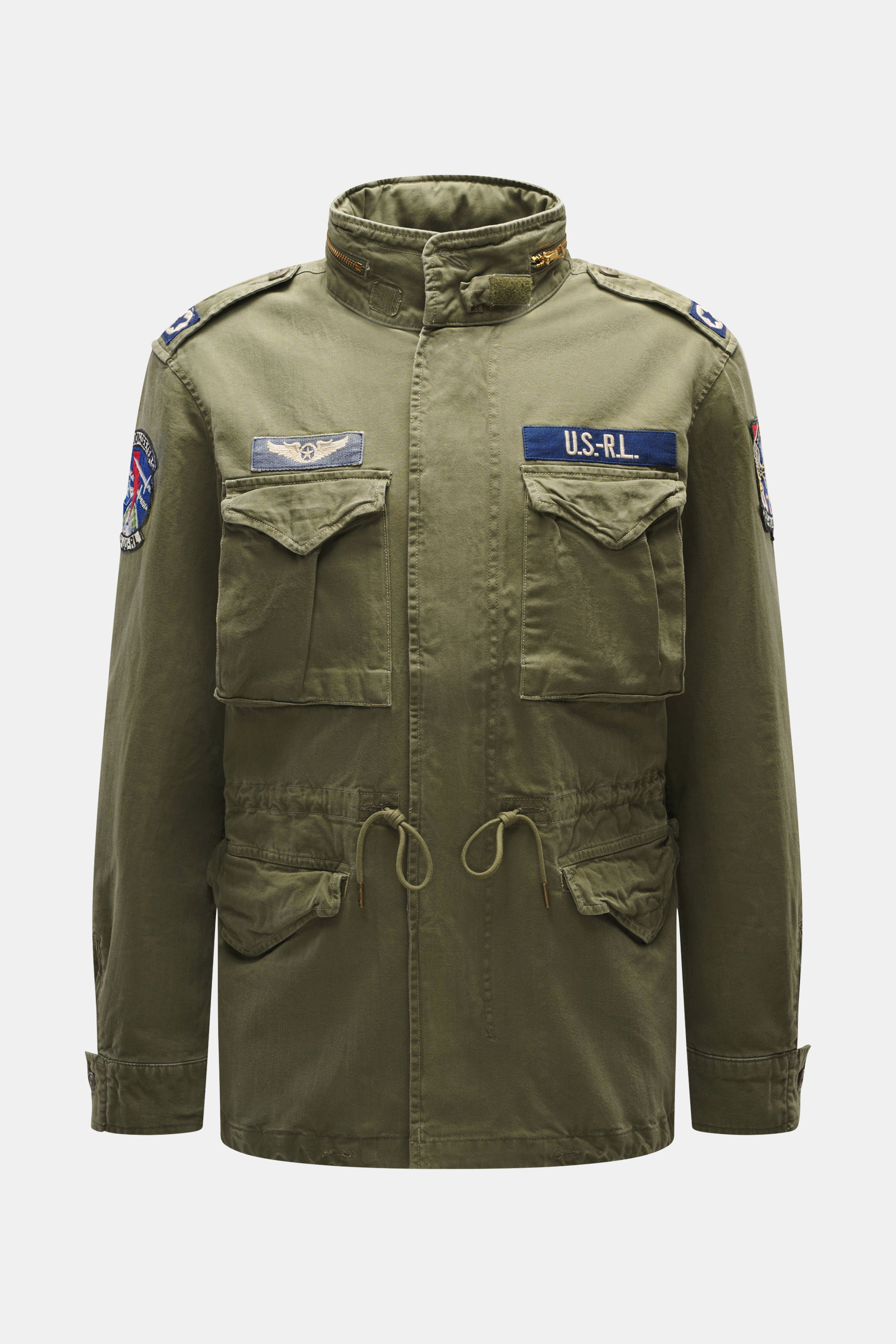 Polo Ralph Lauren Jacke 'Iconic Field Jacket' oliv, Frontansicht, reine Baumwolle, weicher Griff, Slim Fit, Zwei-Wege-Reißverschluss, Windblende, Stehkragen mit Kapuze, Front- und Brusttaschen, Ärmel mit Knopf, halb gefüttert, Innentasche.