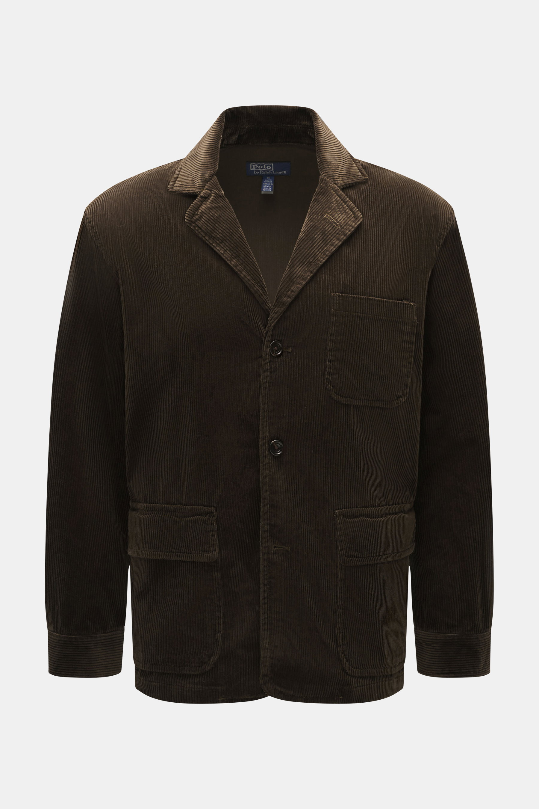 Polo Ralph Lauren Cordjacke 'Finley' dunkelbraun, leichte Übergangsjacke mit Reverskragen, Brust- und Hüfttaschen, Slim Fit, aus weichem Baumwollcord, Frontalansicht.