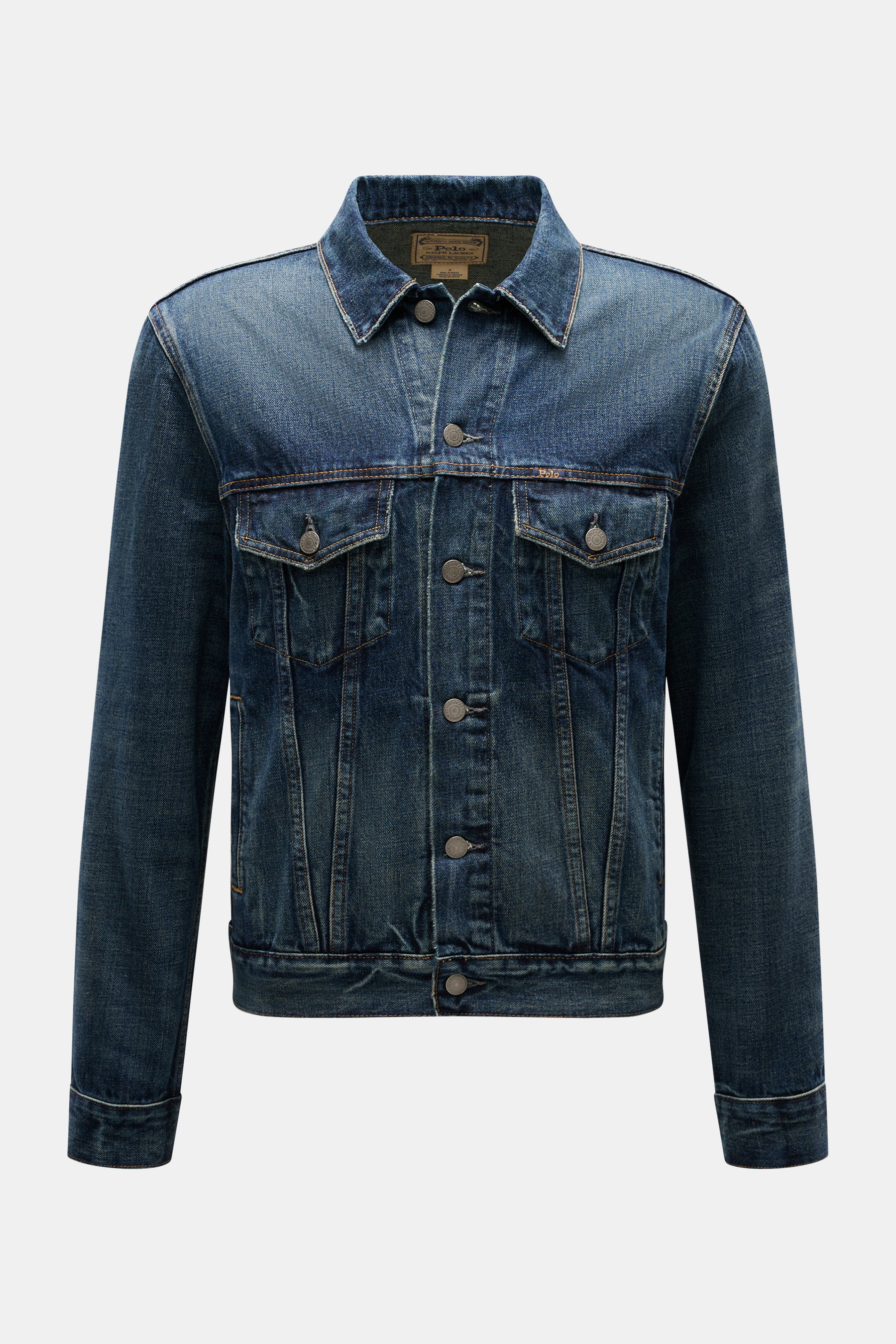 Front view of Polo Ralph Lauren Denim jacket smoky blue, slim fit with denim made from pure cotton, slightly textured feel, six-button placket, turn-down collar, chest pockets with flap and button, piped front pockets, buttoned sleeve cuffs, contrasting c