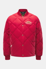 Front view of Polo Ralph Lauren Down Blouson Red, a quilted jacket with light down filling, cotton-microfiber mix, snap buttons, ribbed collar and cuffs, chest stitching, slanted hip pockets, and inner zip pocket. Preppy and warm for cold seasons.