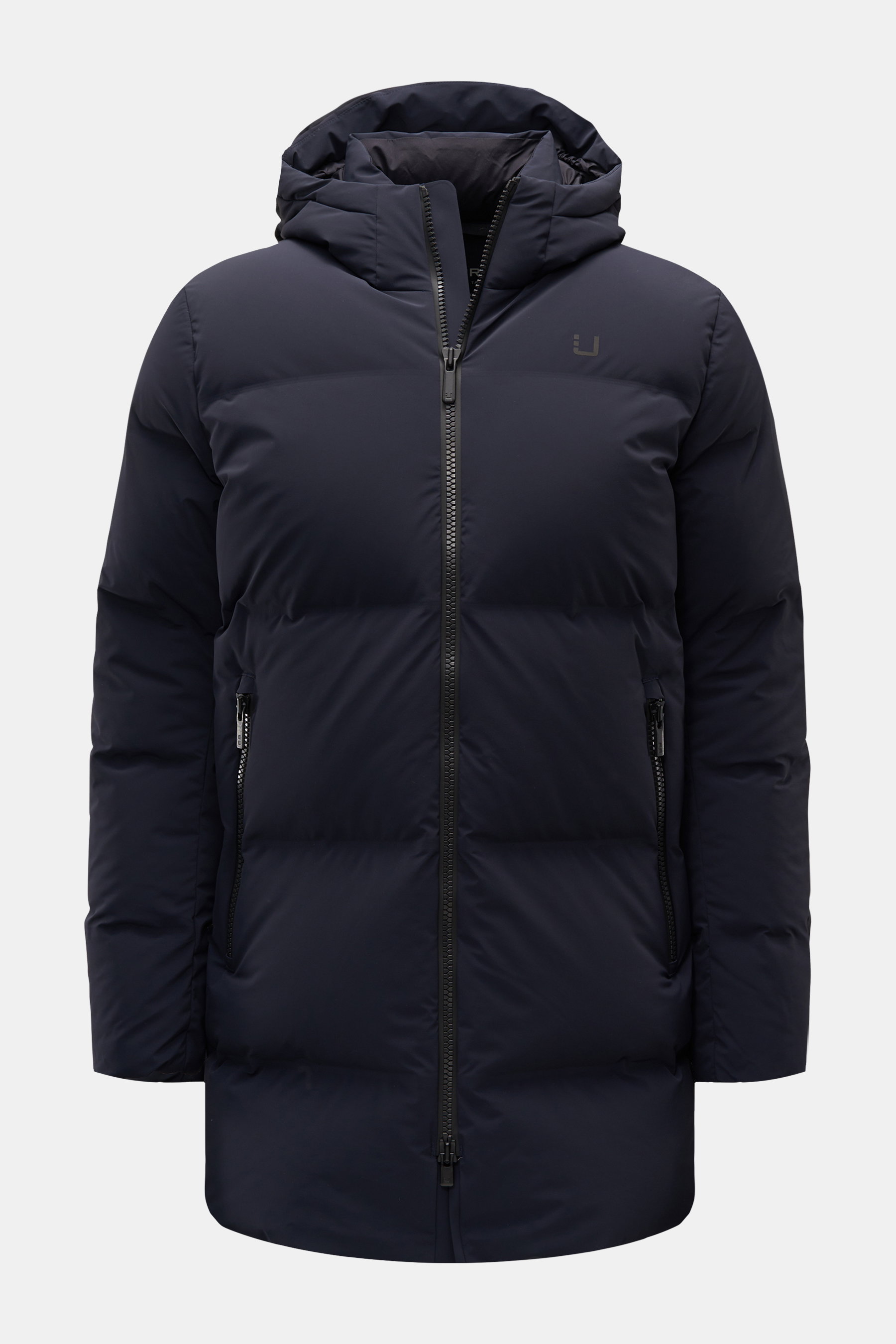 Front view of UBR Down jacket 'Titan' dark navy, quilted with waterproof, breathable technical microfiber, goose down lining, hood, zipped hip pockets, reflective logo.