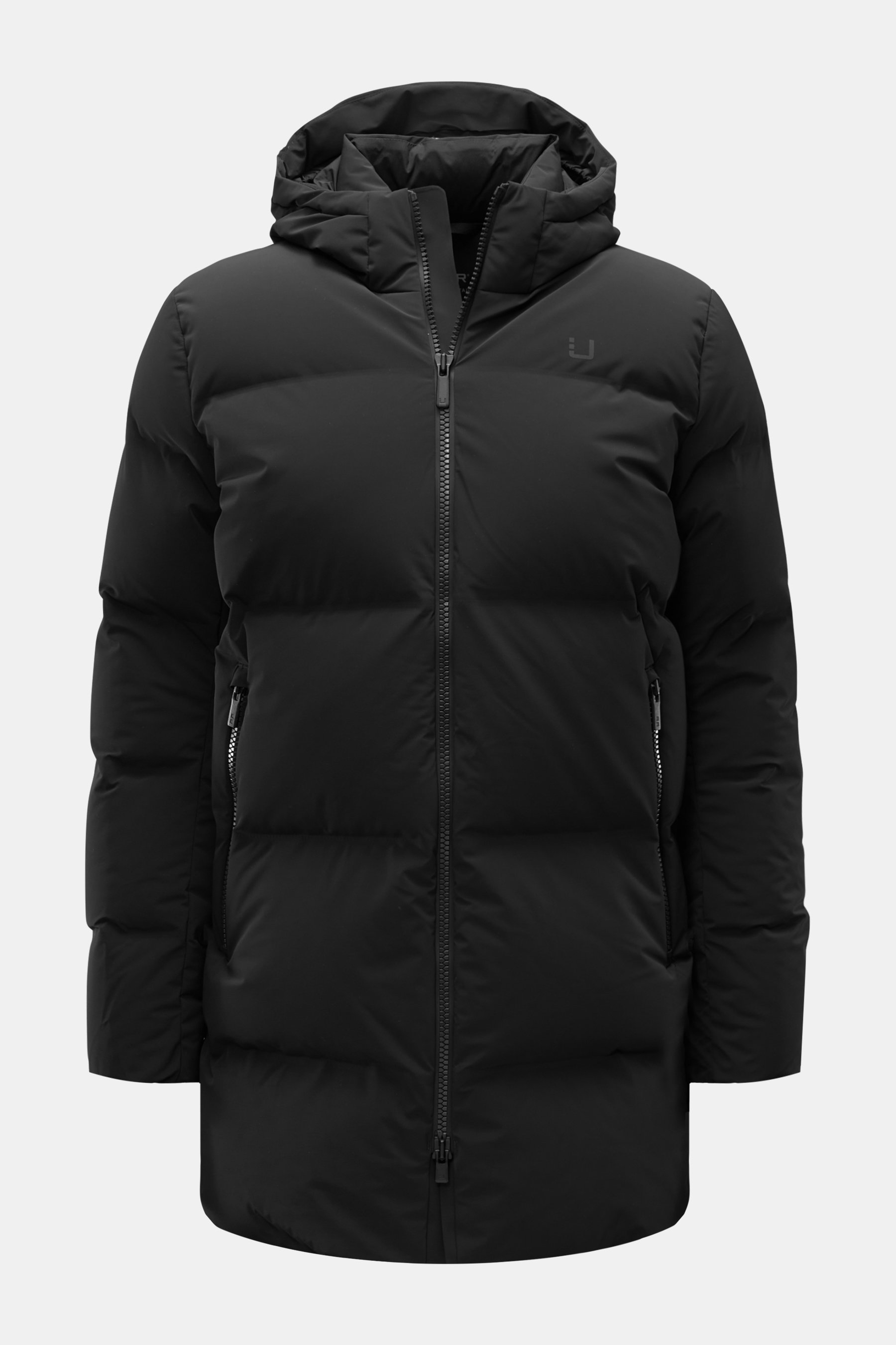 Front view of UBR Down jacket 'Titan' black, a quilted waterproof and breathable technical microfibre jacket with high-quality goose down lining, two-way zip, hood, zippered hip pockets, reflective logo, and four inside pockets.