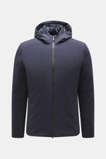 Front view of UBR Down jacket 'Phantom' dark blue, slim fit with elastic microfiber, water-repellent, light down filling, two-way zipper, high stand-up collar, practical hood, reflective UBR logo on chest, zipper front pockets, smooth lining fabric, and t