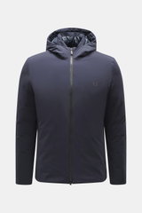 Front view of UBR Down jacket 'Phantom' dark blue, slim fit with elastic microfiber, water-repellent, light down filling, two-way zipper, high stand-up collar, practical hood, reflective UBR logo on chest, zipper front pockets, smooth lining fabric, and t