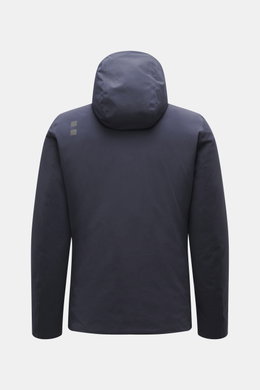 Back view of UBR Down jacket 'Phantom' dark blue with elastic microfiber, water-repellent, light down filling, slim fit, two-way zipper, high stand-up collar, practical hood, reflective UBR logo on chest, zipper front pockets, smooth lining fabric, and tw