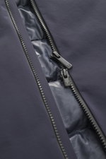 Close-up front view of the UBR Down jacket 'Phantom' dark blue zipper showing elastic microfiber, water-repellent fabric, light down filling, slim fit, two-way zipper, high-closing stand-up collar, practical hood, reflective UBR logo on chest, zipper fron