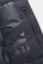 Close-up interior view of the UBR Down jacket 'Phantom' dark blue showing elastic microfiber, water-repellent fabric, light down filling, slim fit, two-way zipper, high-closing stand-up collar, practical hood, reflective UBR logo on the chest, zipper fron