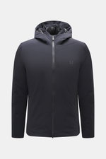 Front view of UBR Down jacket 'Phantom' dark navy with elastic microfiber, water-repellent, light down filling, slim fit, two-way zipper, high collar, hood, reflective logo, zippered pockets, smooth lining, two inner pockets.