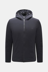 Front view of UBR Down jacket 'Phantom' dark navy with elastic microfiber, water-repellent, light down filling, slim fit, two-way zipper, high collar, hood, reflective logo, zippered pockets, smooth lining, two inner pockets.
