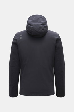 UBR Down jacket 'Phantom' dark navy shown from the back, featuring elastic microfiber, water-repellent, light down filling, slim fit, two-way zipper, high-closing stand-up collar, practical hood, reflective UBR logo on the chest, zippered front pockets, s