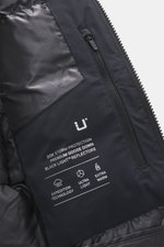 Close-up inside view of UBR Down jacket 'Phantom' dark navy showing smooth lining fabric, zippered inner pocket, elastic microfiber, water-repellent, light down filling, slim fit, two-way zipper, high-closing stand-up collar, practical hood, reflective UB
