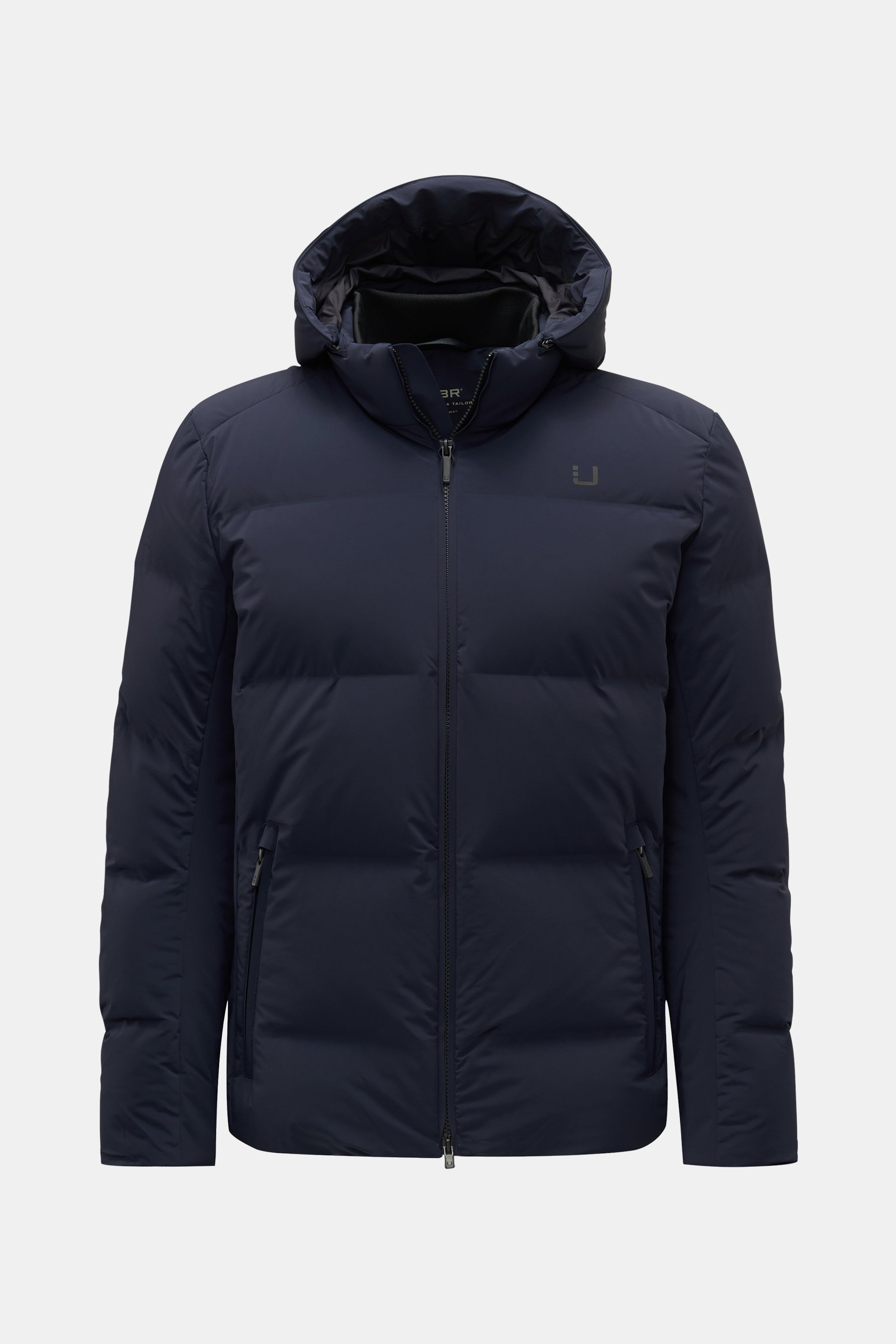 Front view of the UBR Down jacket 'Bolt' navy, a slim-fit, lightweight down jacket with a detachable hood, waterproof membrane, stretchy microfiber, breathable fabric, sealed seams, two-way zip, high collar, reflective logo on chest, jetted zip front pock