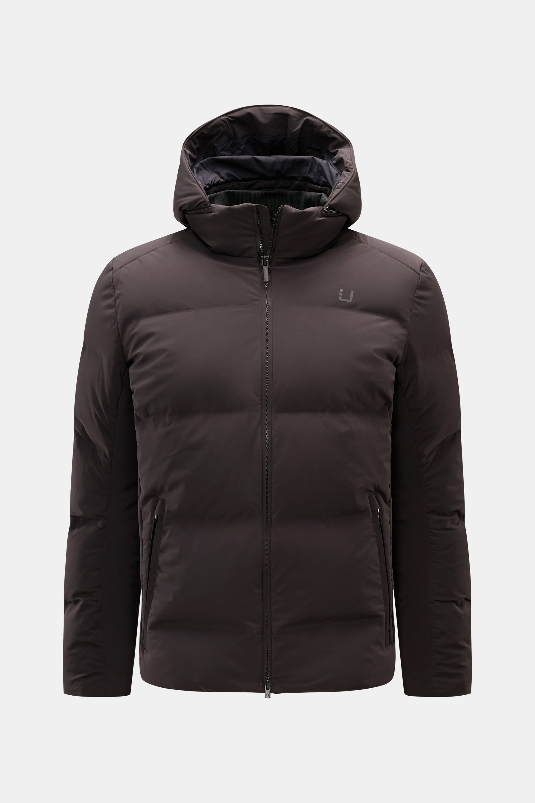 UBR Down jacket 'Bolt' dark brown shown from the front, lightweight, waterproof with detachable hood, slim fit, sealed seams, two-way zip.