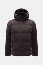 UBR Down jacket 'Bolt' dark brown shown from the front, lightweight, waterproof with detachable hood, slim fit, sealed seams, two-way zip.