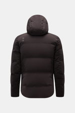 Rear view of UBR Down jacket 'Bolt' dark brown with detachable hood, slim fit, waterproof, breathable, lightweight down lining, and reflective logo.
