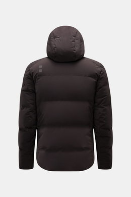 Rear view of UBR Down jacket 'Bolt' dark brown with detachable hood, slim fit, waterproof, breathable, lightweight down lining, and reflective logo.