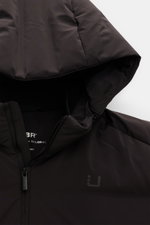 UBR Down jacket 'Bolt' dark brown shown from a close-up top-front angle, highlighting the detachable hood, waterproof stretchy microfiber, slim fit, breathable lightweight down lining, waterproof membrane, sealed seams, two-way zip, high collar, internal 