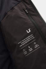 Close-up front view of UBR Down jacket 'Bolt' dark brown showing waterproof zipper and printed tech details on stretchy microfiber fabric.