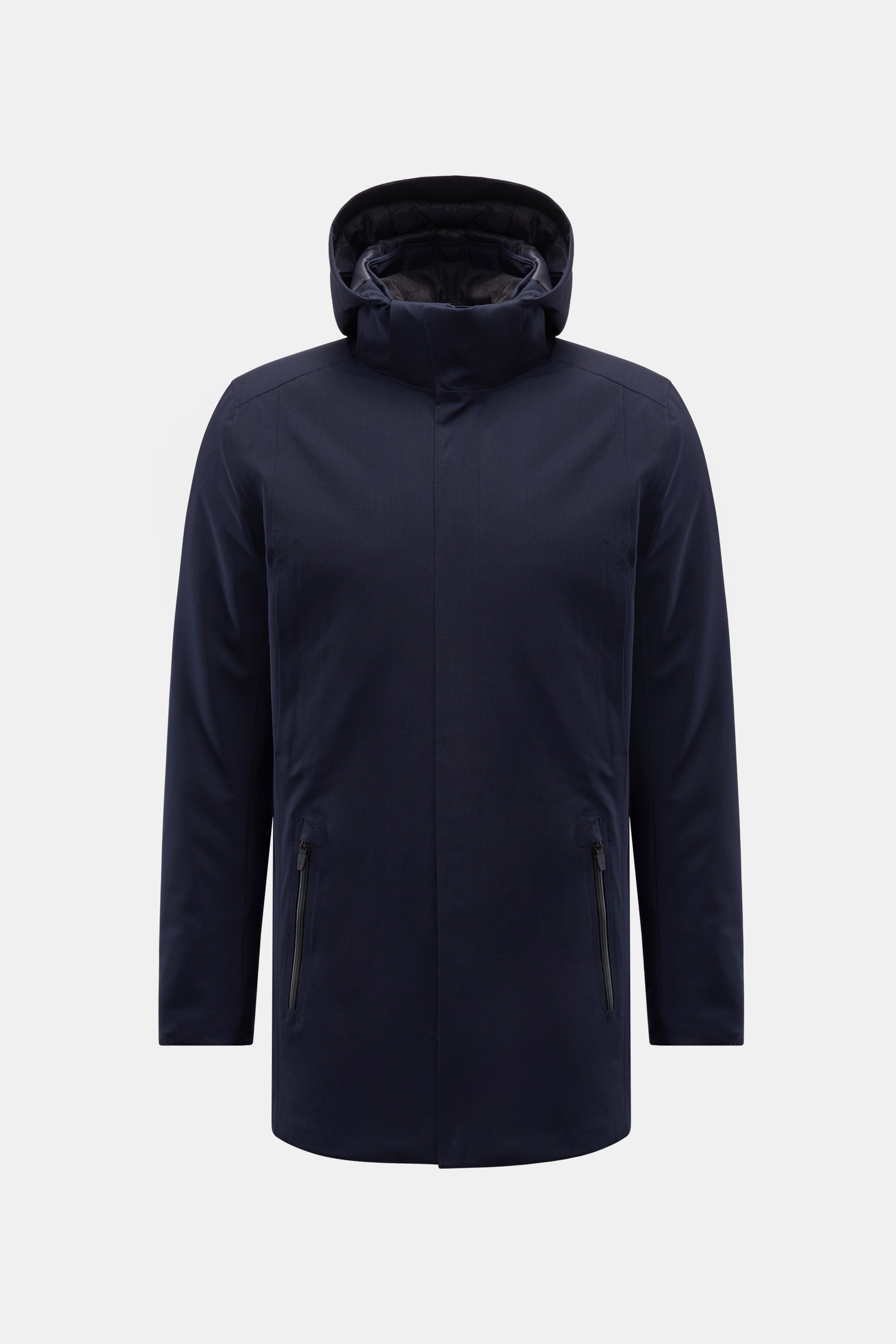 UBR Parka 'Regulator Parka Savile' navy, Slim Fit Twill aus Merinowolle, wasserdicht, atmungsaktiv, mit Kapuze, Primaloft-Wattierung, Fronttaschen, von vorne fotografiert.