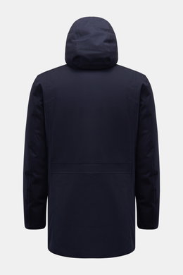 UBR Parka 'Regulator Parka Savile' navy in Rückansicht mit Kapuze, Slim Fit, Merinowolle-Twill, wasserdicht, atmungsaktiv und Primaloft-Wattierung.