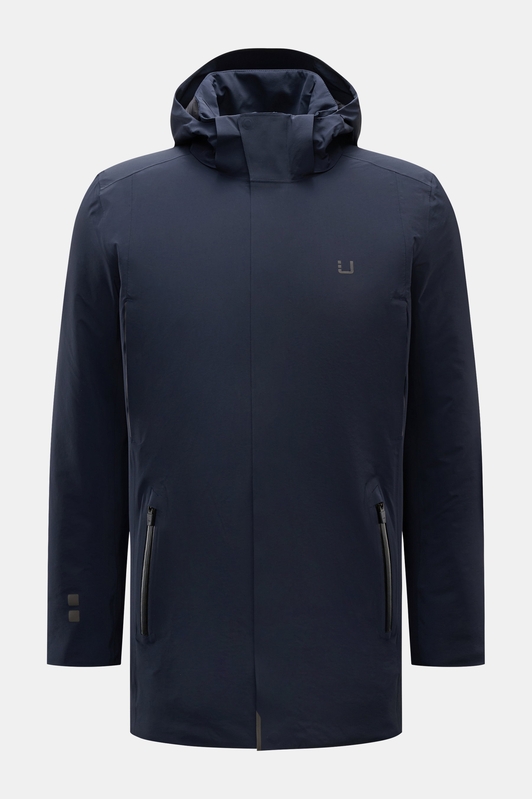UBR Parka 'Regulator' navy, Frontansicht, wasserdicht, Slim Fit, Kapuze, Primaloft-Wattierung, Microfaser, zwei Reißverschlusstaschen, hoher Stehkragen