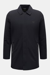 Front view of UBR Short coat 'Regulator Coat' black, a lightweight, slim fit, waterproof, breathable short coat with zipped pockets and turn-down collar.