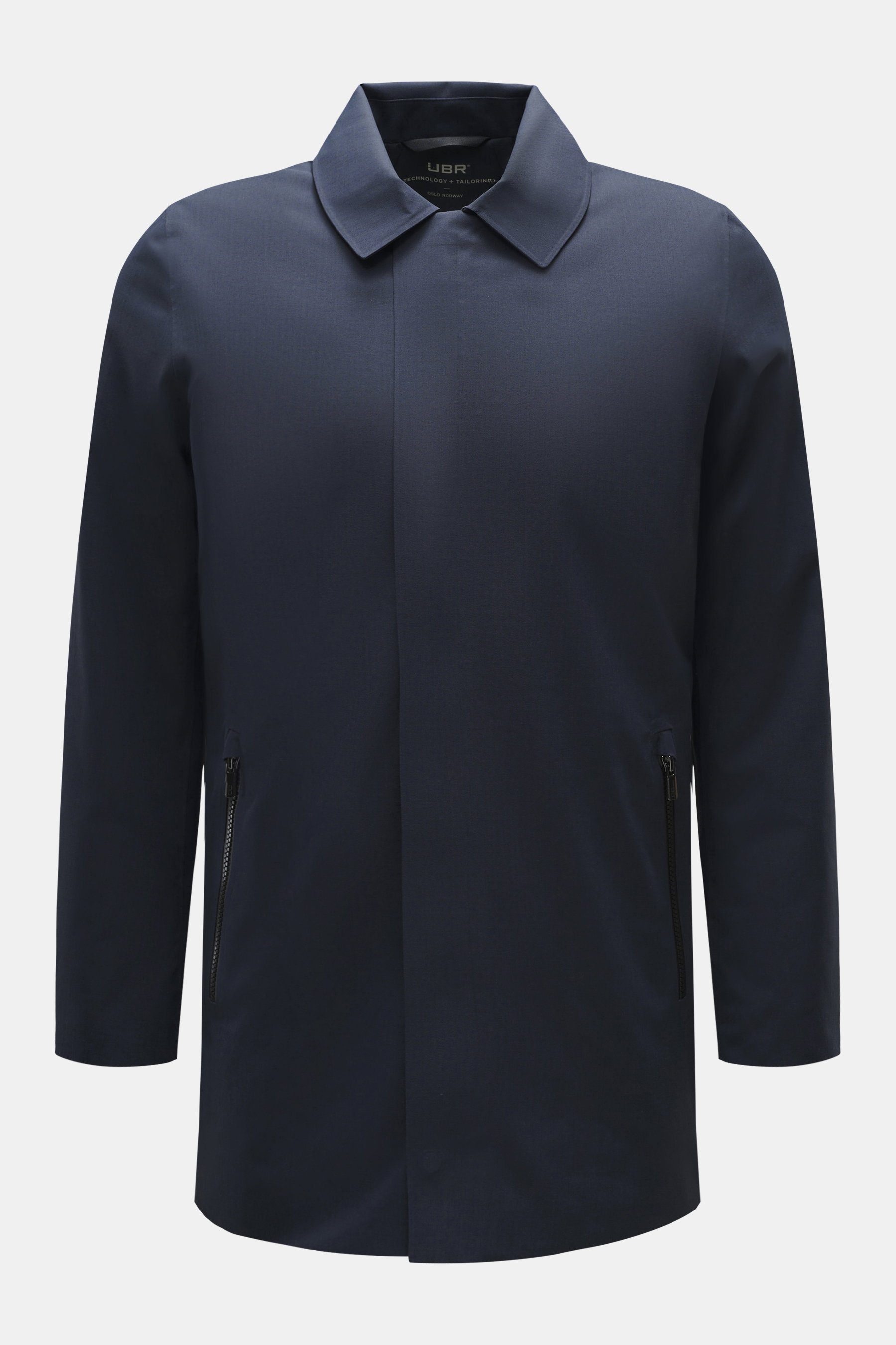 UBR Kurzmantel 'Regulator Coat' dunkelblau, slim Fit, aus hochwertiger Microfaser mit Primaloft, wasserdicht, vorne frontal fotografiert.