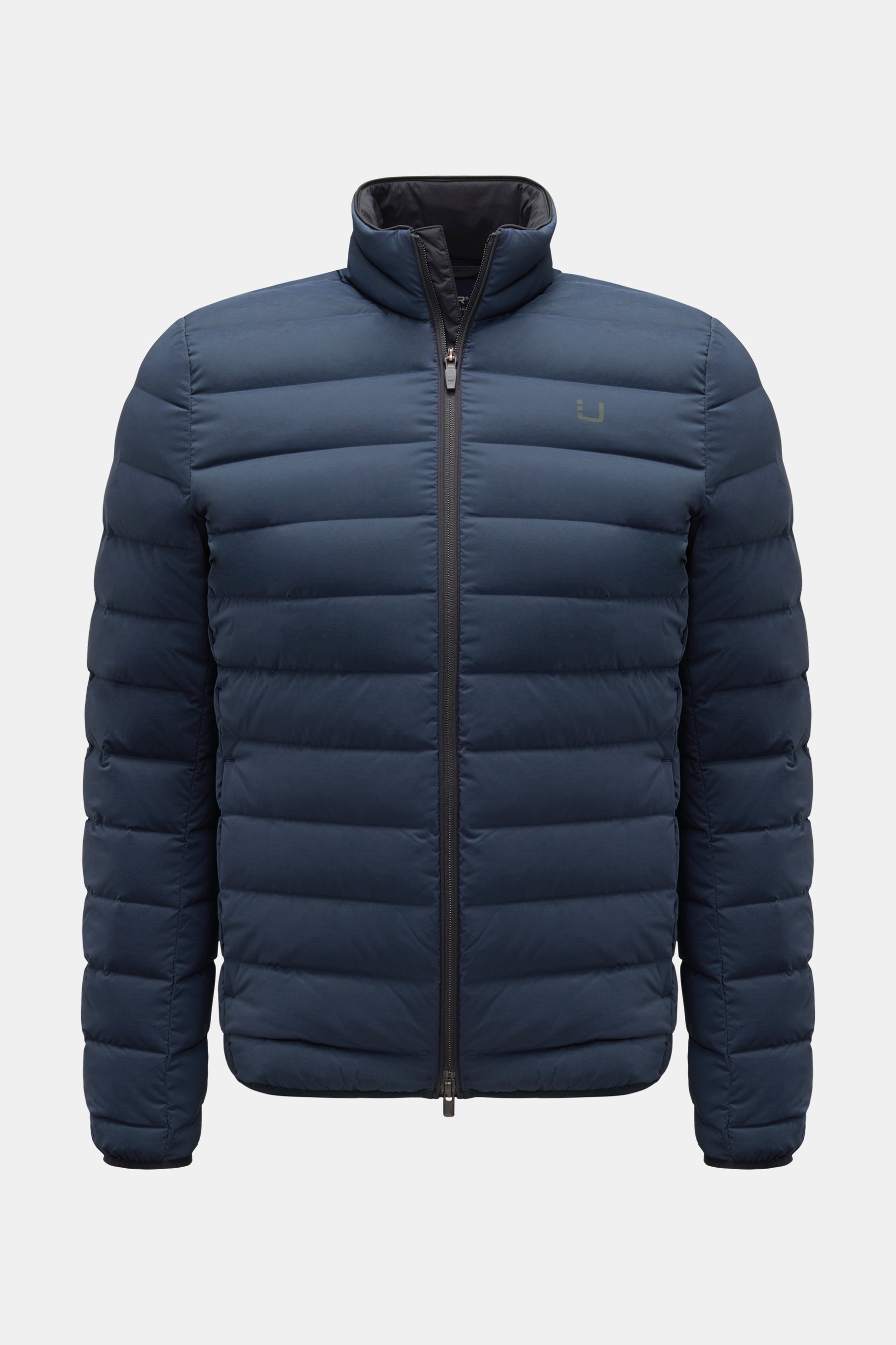 Front view of UBR Down jacket 'Sonic' navy, a slim fit, super-lightweight, stretchy microfiber down jacket with water repellent fabric, taped seams, a high-closing collar, zip pockets, reflective logo, elastic hem and cuffs, and an inside pocket.