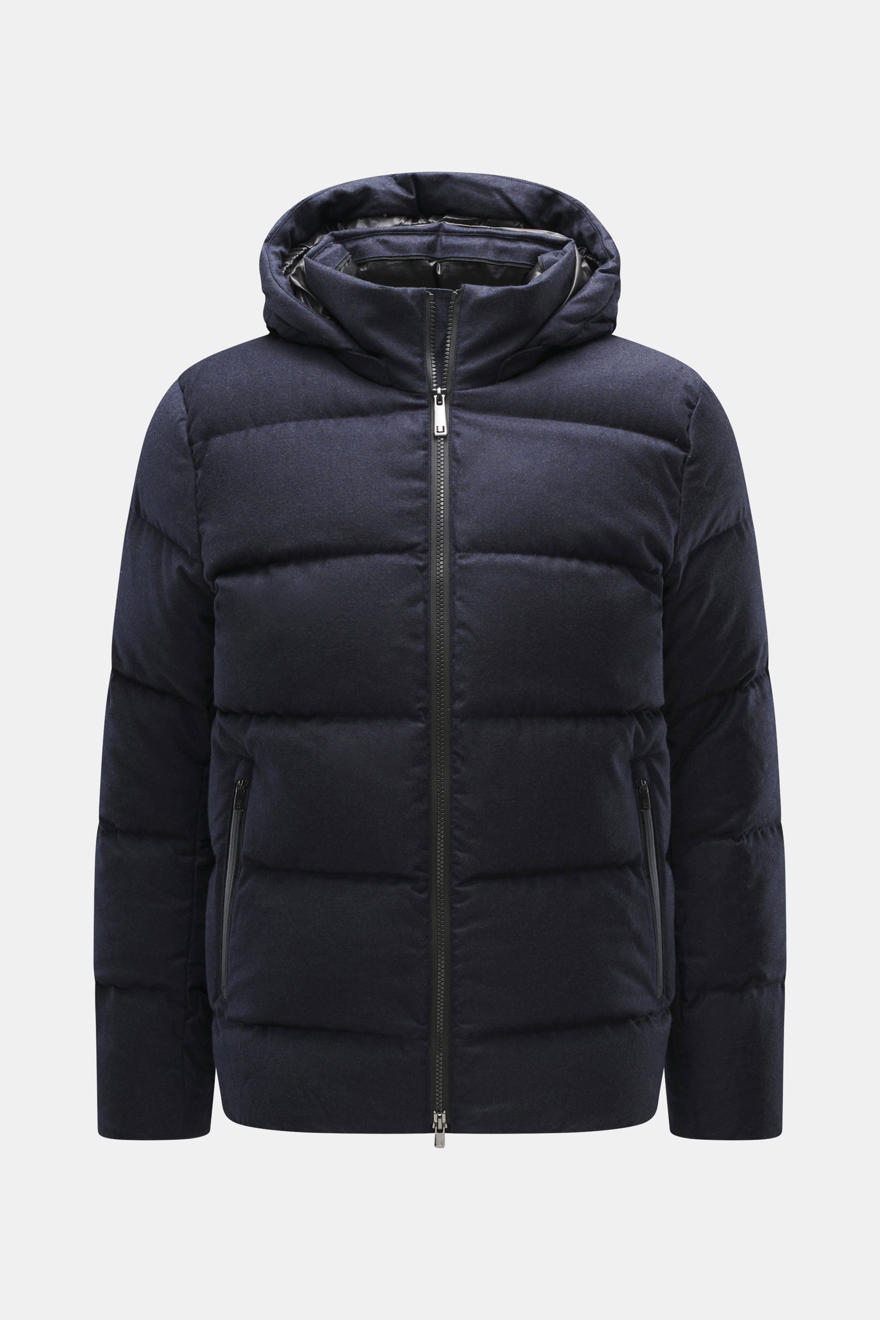 Front view of UBR Merino Down Jacket 'Savile' navy melange, a slim fit down jacket with pure merino wool, quilted look, detachable hood, two-way zipper, high stand-up collar, piped zipper front pockets, smooth lining, and two inside pockets, designed for 