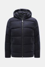 Front view of UBR Merino Down Jacket 'Savile' navy melange, a slim fit down jacket with pure merino wool, quilted look, detachable hood, two-way zipper, high stand-up collar, piped zipper front pockets, smooth lining, and two inside pockets, designed for 