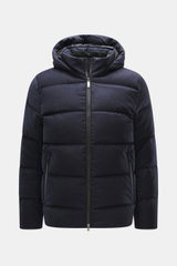 Front view of UBR Merino Down Jacket 'Savile' navy melange, a slim fit down jacket with pure merino wool, quilted look, detachable hood, two-way zipper, high stand-up collar, piped zipper front pockets, smooth lining, and two inside pockets, designed for 