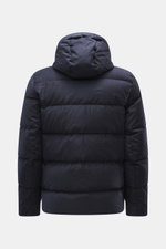 Rear view of UBR Merino Down Jacket 'Savile' navy melange showing quilted look, detachable hood, and slim fit with pure merino wool and down filling.