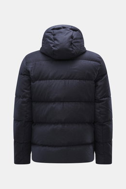Rear view of UBR Merino Down Jacket 'Savile' navy melange showing quilted look, detachable hood, and slim fit with pure merino wool and down filling.
