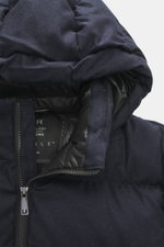 UBR Merino Down Jacket 'Savile' navy melange shown from above, highlighting the adjustable hood, two-way zipper, and smooth lining. With the down jacket 'Savile' by UBR, we are well prepared for the next cold season, as this clean model features a warming