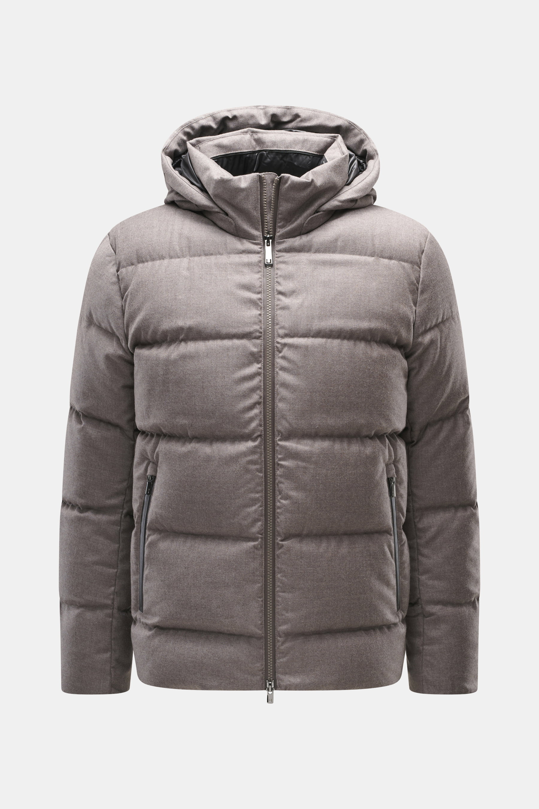 Front view of UBR Merino Down Jacket 'Savile' grey-brown melange, a slim fit puffer with quilted look, detachable hood, two-way zipper, and merino wool.